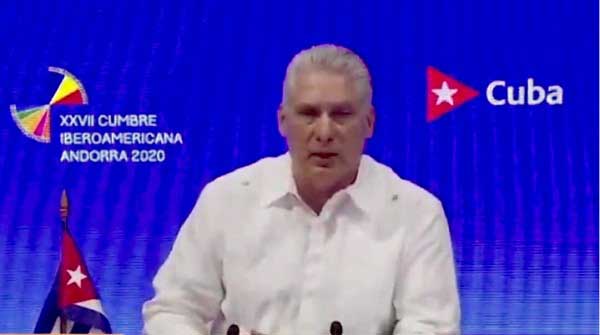 Cuban President Miguel Díaz-Canel addresses 27th Iberoamerican Summit.