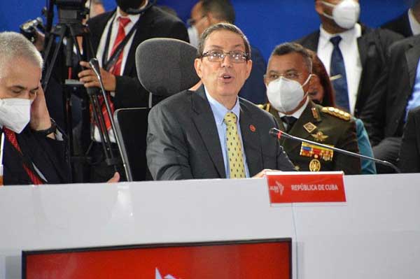 Cuba's Foreign Minister Bruno Rodriguez addresses the 19th ALBA-TCP Summit in Caracas, June 24, 2021. 