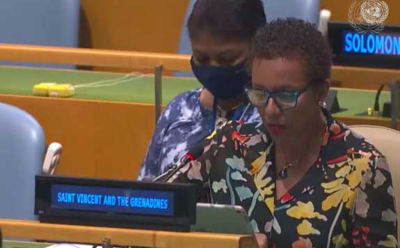 The delegate from St. Vincent and the Grenadines participates in the debate in the UN General Assembly on Cuba's Resolution on US blockade.