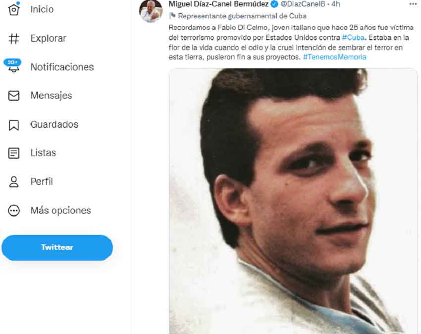 Tuit del presidente cubano en recordación del joven italiano Fabio Di Celmo