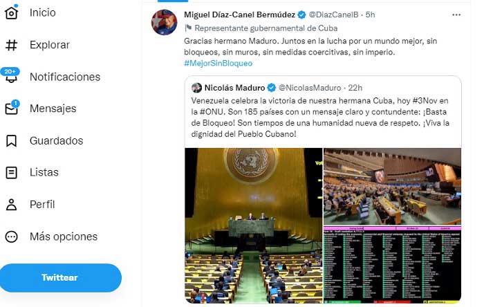 Díaz Canel dirigió un mensaje al presidente de la República Bolivariana de Venezuela, Nicolás Maduro, a quien agradeció su respaldo