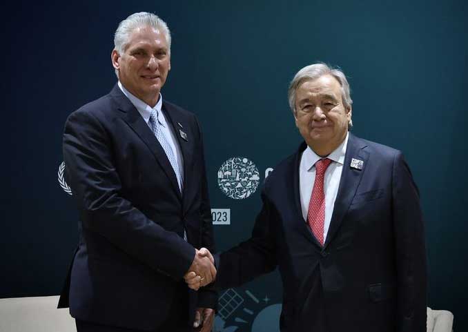Pleasant meeting between the secretary general of the United Nations, Antonio Guterres, and the Cuban President