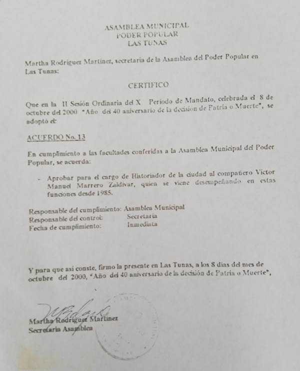 Certificate of appointment of Victor Marrero as Historian of Las Tunas.