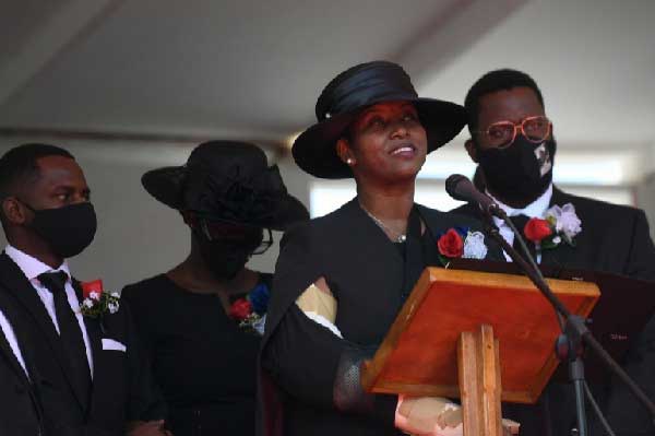 Former first lady of Haiti, Martine Moise, speaks during the funeral of her husband, former President Jovenel Moise. Photo: Matias Delacroix / The Associated Press